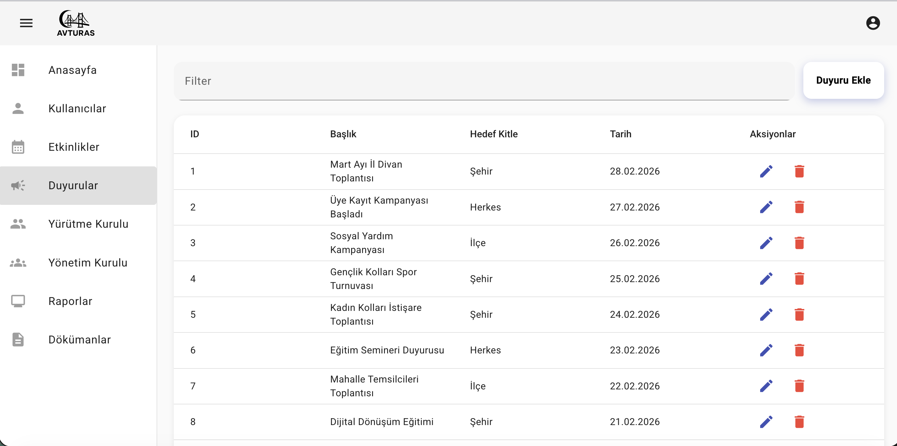 Duyurular ekran görüntüsü
